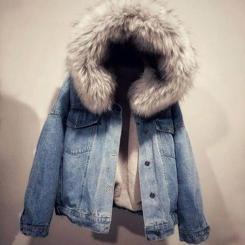 Women Jacket Women Denim Jacket Winter Women's Denim Coat with Furry Hood Plush Lining Stylish Button Closure for Windproof