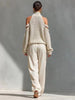 Boho Women's Two Piece Outfit Cold Shoulder Hollow Out Turtleneck Knit Sweater and High Waist Wide Leg Pants Casual Matching Set