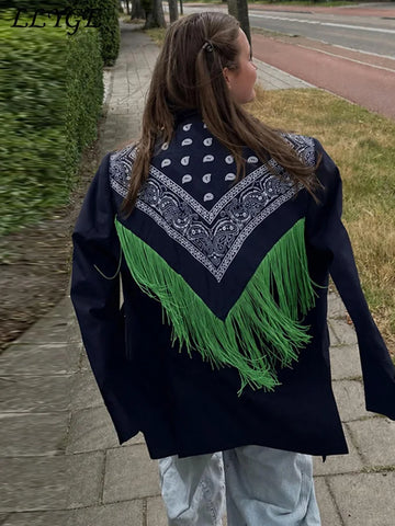 Women's Printed Tassels Blazer Loose Lapel Single Breasted Full Sleeve Female Suit Jackets Autumn Commute Outwear