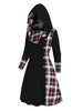 Knitted hooded dress plaid print stitching fake buckle high waist long sleeve A-line dress female