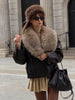 Ladies Winter Retro Fur Collar Leather Jacket V‑Neck Full Lapel Long Sleeve Double Breasted Urban Warm Casual Outer