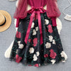 Senior Knitted Patchwork Dress Long Lantern Sleeves Bow Mesh Embroidery Floral Women Autumn France Elegant Party Dress