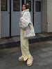 Women's Puffer Jacket Oversized Stand Up Collar Zipper Closure Floral Print Warm Cotton Filled Coat Autumn Winter