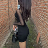 Mesh Patchwork Half High Neck Women Dresses Black See Through Long Sleeve Skinny Clubwear Female Mini Dress Bodycon