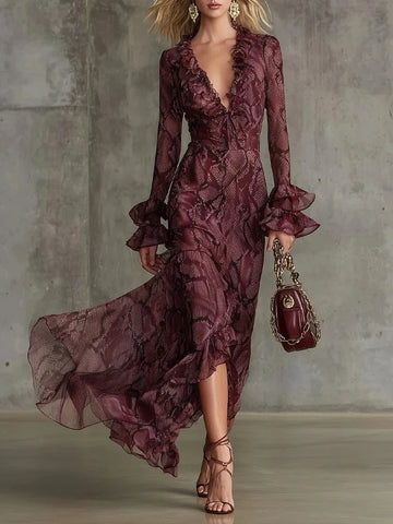 Elegant Dress for Women Burgundy Chiffon Snakeskin Pattern Ruffled Flared Long-Sleeved Lace Up Maxi Dress