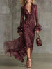 Elegant Dress for Women Burgundy Chiffon Snakeskin Pattern Ruffled Flared Long-Sleeved Lace Up Maxi Dress