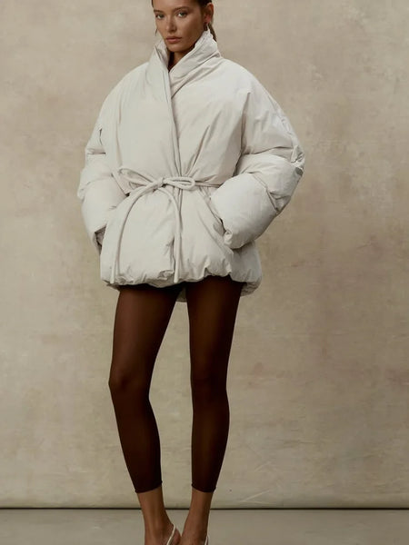 Ladies Beige Belted Puffer Coat Stand High Collar Wrap Design Drawstring Waist Oversized Bubble Jacket Winter Warm Outwear