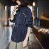 Women's Lightweight Stand Collar Short Windbreaker Jacket Navy Blue Contrast Parka with Waist Cinching for Spring and Fall