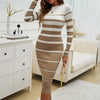 Office Ladies Knitted Dress Elegant Striped Print Slim Long-sleeved Dress Autumn Winter