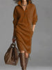 Autumn Knitted Button Lapel Women Dress Casual Loose Pocket Lazy Straight Over The Knee Long Sleeve Sweater FemaleDress