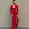 V-Neck Long Sleeve Slim Side Slit Mesh Patchwork Long Dress Women'S Solid Sexy Elegant Clothes Party Club Autumn Outfit