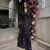 Elegant Printed Satin Long Dress Women Slim Lace Up V-neck Full Sleeve Pleat Dresses Autumn Lady Party Evening Robes