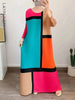 Round Neck Pleated Dress For Women Color Block Long Sleeves Loose A-line Dresses Printed Female Clothing Tide 2YA946