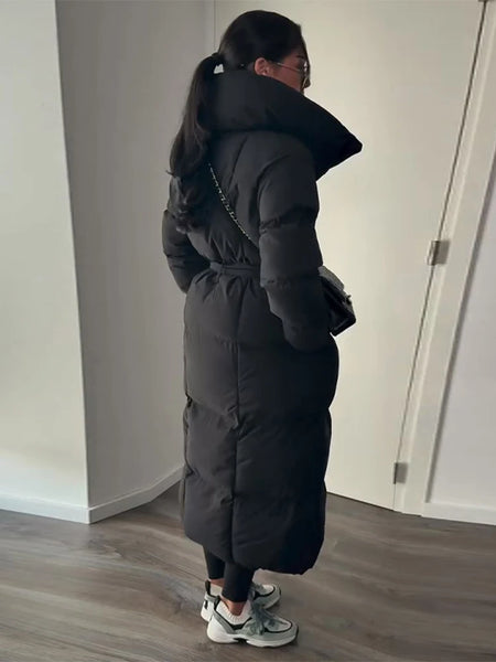 Winter Warm Stand Neck Long Lace Up Down Jackets Women Solid Ruff Soft Waist-cinching Coat Female Winter Chic Jackets