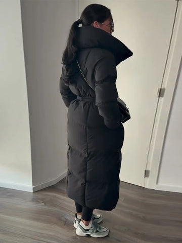Winter Warm Stand Neck Long Lace Up Down Jackets Women Solid Ruff Soft Waist-cinching Coat Female Winter Chic Jackets