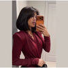 Sexy Burgundy Deep V-neck Mini Dress Women Elegant Full Sleeve Shoulder Pads Pleated Slim Short Dresses Lady Evening Party Gowns