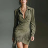 Spring Retro Imitation Suede Tassels Party Dress Woman Sexy Lapel Draped Irregular Dress Autumn Long Sleeve Slim Mini Dress