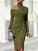 Women's White Off Shoulder Asymmetric Bodycon Dresses Autumn High Collar Cutout Long Sleeve Ruched Slit Slim Midi Dress