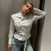 Crop Polka Dot Jacket Women's Bomber Jacket Spring Women's Belt Pockets Button Long Sleeve Top Outdoor Outerwears