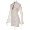 Lace Hollow Out Long Sleeve Sexy Mini Dress For Women Half High Collar Bodycon Club Party Dress Elegant Dresses