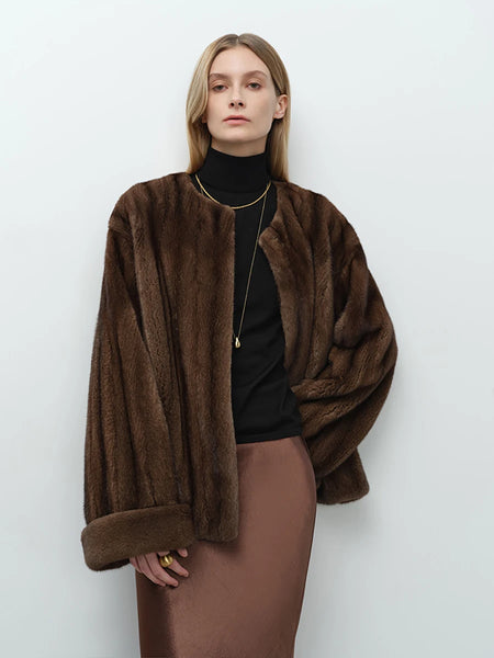 Autumn Winter Short Elegant Thick Warm Soft Brown Faux Mink Fur Coat Women Long Sleeve Modern Chic Fluffy Jacket