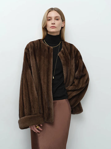 Autumn Winter Short Elegant Thick Warm Soft Brown Faux Mink Fur Coat Women Long Sleeve Modern Chic Fluffy Jacket