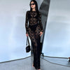 Lace Sheer Maxi Dress, Long-Sleeve Fitted Sexy Pattern Women's Dress, Vintage Birthday Party Evening Long Dresses