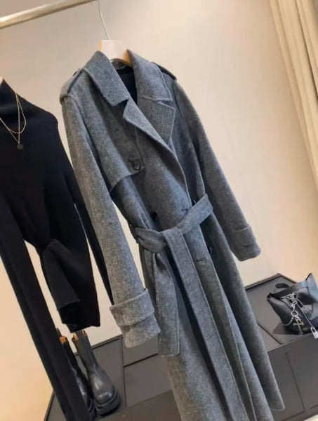 Original Grey Women's wool blend woolen coat with belt, double-sided fleece long woolen coat