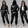 Women Jacket Sets 2 Piece Long Sleeved Slim PU Leather Gripped Pants Set Solid Zipper Fly Pencil Pants Slim Fit High Street Suit