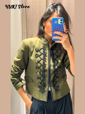 Green Stand Collar Napoleon Cropped Jacket Women Full Sleeve Shoulder Pad Jackets Spring Lady Street Outwear