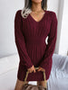 V Neck Casual Short Knit Dress Autumn Winter Women Solid Long Sleeve Dress Lady Khaki Bodycon Knitted Dresses