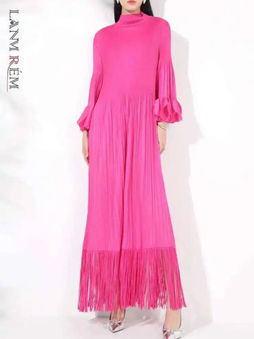 Maxi Dress Women High Neck Long Sleeves Stitching Tassel Hem Solid Color Dresses Female Party Clothing 2DB1143