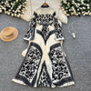 American European Style Women's Casual Elegant Pleated Dress Long Sleeve Printed Ankle Length Dress