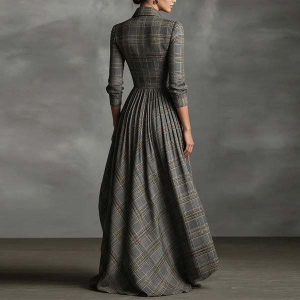 Women Plaid Shirt Dress V Neck Single Breasted Split Asymmetrical Hem Pocket Maxi Dress Ladies Elegant Casual Vintage Long Dress