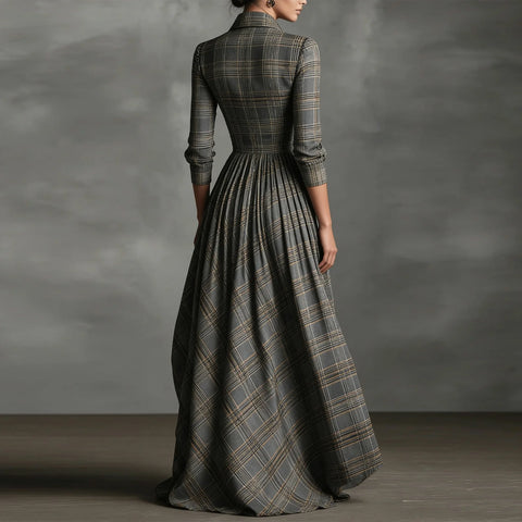 Women Plaid Shirt Dress V Neck Single Breasted Split Asymmetrical Hem Pocket Maxi Dress Ladies Elegant Casual Vintage Long Dress