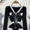 Women Elegant Butterfly Long Sleeve Bodycon V Neck Split Dress Vintage French Slim Knit Tight Vestido Autumn Winter Sweater Robe