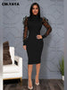 Elegant Women Floral Applique Mesh Long Sleeve Knit Ribbed Sweater Dress Autumn Winter Bodycon Dresses Vestidos