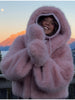 Women's Fluffy Faux Fur Coat Chic Pink Hooded Full Sleeve Loose Warm Jacket Winter Lady Street Outwear