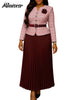 Plaid Blazer Suits for Woman Button 3D Floral Brooch Belt and Pleated Skirt 2 Piece Set Female Office Outfits