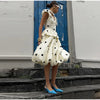 Polka Dot Puff Sleeve Dress Women's V-neck Waist Cinching Pleated Mini Dresses Spring Lady Elegant Casual Wear