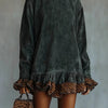 Turtleneck Leopard Trim Dress for Women's Long Sleeve Suede Velvet Flare Sleeve Casual Retro Loose Straight Mini Dresses
