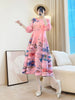 Elegant Plant Floral Printing Pleated Women's Dress Chic Round Collar Lantern Sleeve Elastic Loose Casual Dresses