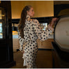 Retro Elegant Satin Polka Dots V Neck Maxi Dress Suit Women Ribbon Lace Full Sleeve Puff Sleeve Waist Cinched Long Dresses