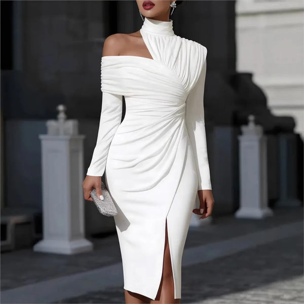 Women's White Off Shoulder Asymmetric Bodycon Dresses Autumn High Collar Cutout Long Sleeve Ruched Slit Slim Midi Dress