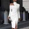 Women's White Off Shoulder Asymmetric Bodycon Dresses Autumn High Collar Cutout Long Sleeve Ruched Slit Slim Midi Dress