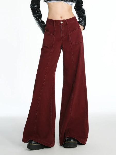 Vintage High Waist Jeans Women Solid Red Wide Leg Flare Full Length Denim Pants Streetwear