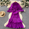 Stand-up Collar Dress Women's Autumn Pleated Ruffle Edge Hem Strap Waist Light Mature Loose Long Dress