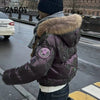 Russian Winter Warm Faux Fur Hooded Quilted Puffer Jacket Women Y2K Retro Padded Short Coat Casual Parka Glossy Outerwear куртка