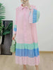 Striped Contrast Color Pleated Dress Women Lapel Flare Sleeves Single Breasted Loose Long Dresses Spring 2AA4365