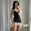 Elegant Lace Patchwork Short Dress Women See Through High Collar Flare Sleeve Party Dresses Autumn Lady Evening Robes